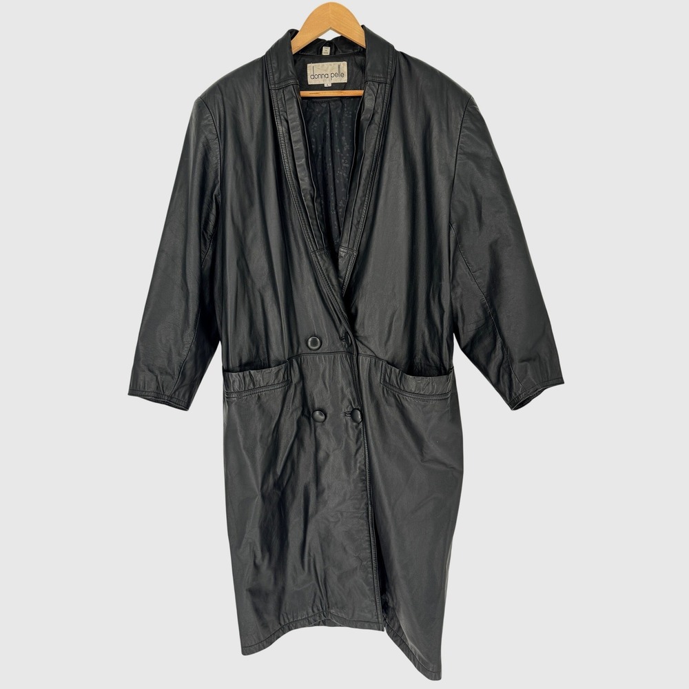 Vintage 80s Donna Pelle Leather Trench Coat L Black Double Breasted Oversized